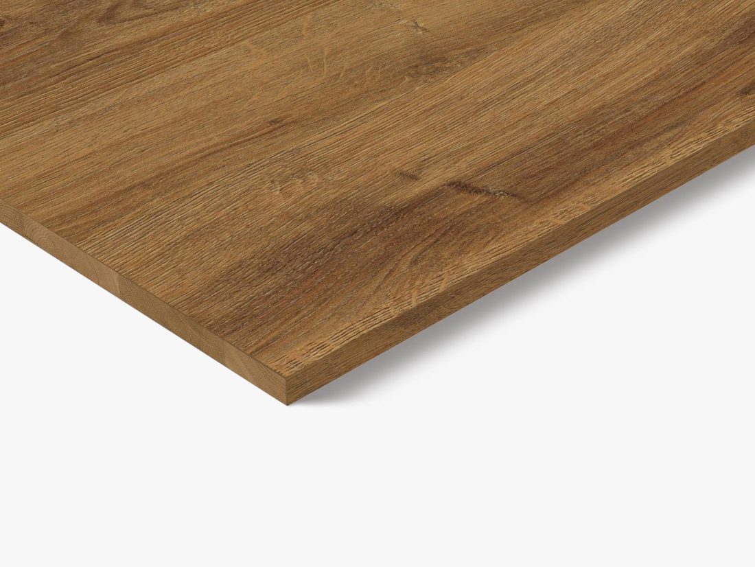 EGGER Q1344 RO Cognac Brown Sherman Oak — end-grain panel decor for custom cabinetry (close-up)