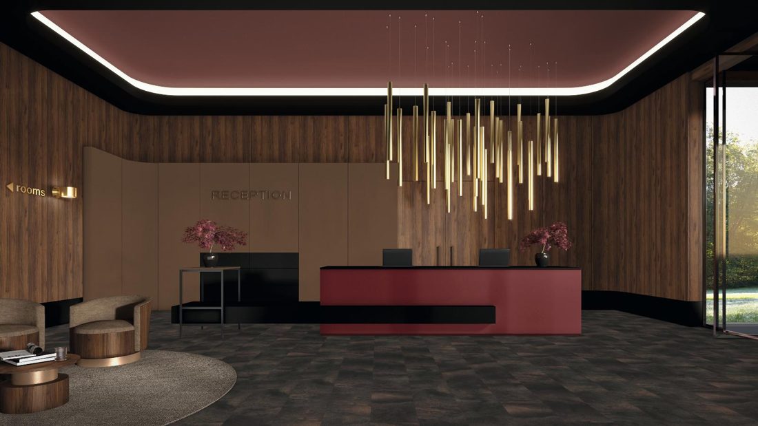 EGGER U399 TM Garnet Red — uni colour panel decor for custom cabinetry (3D view)