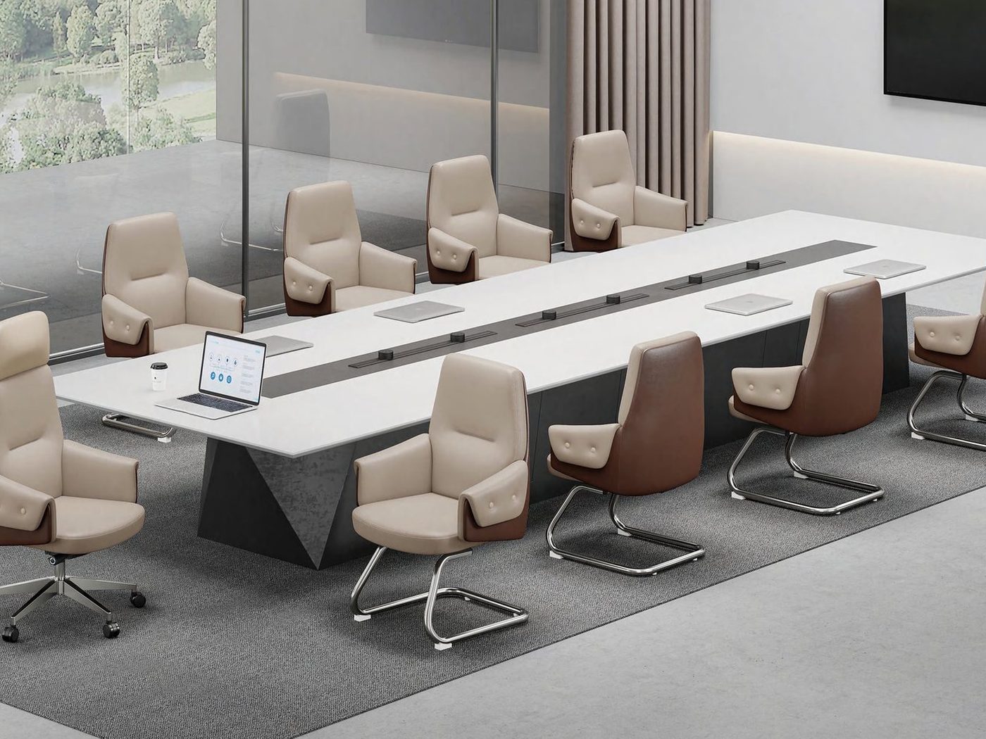 Boardroom table with seating and integrated power modules