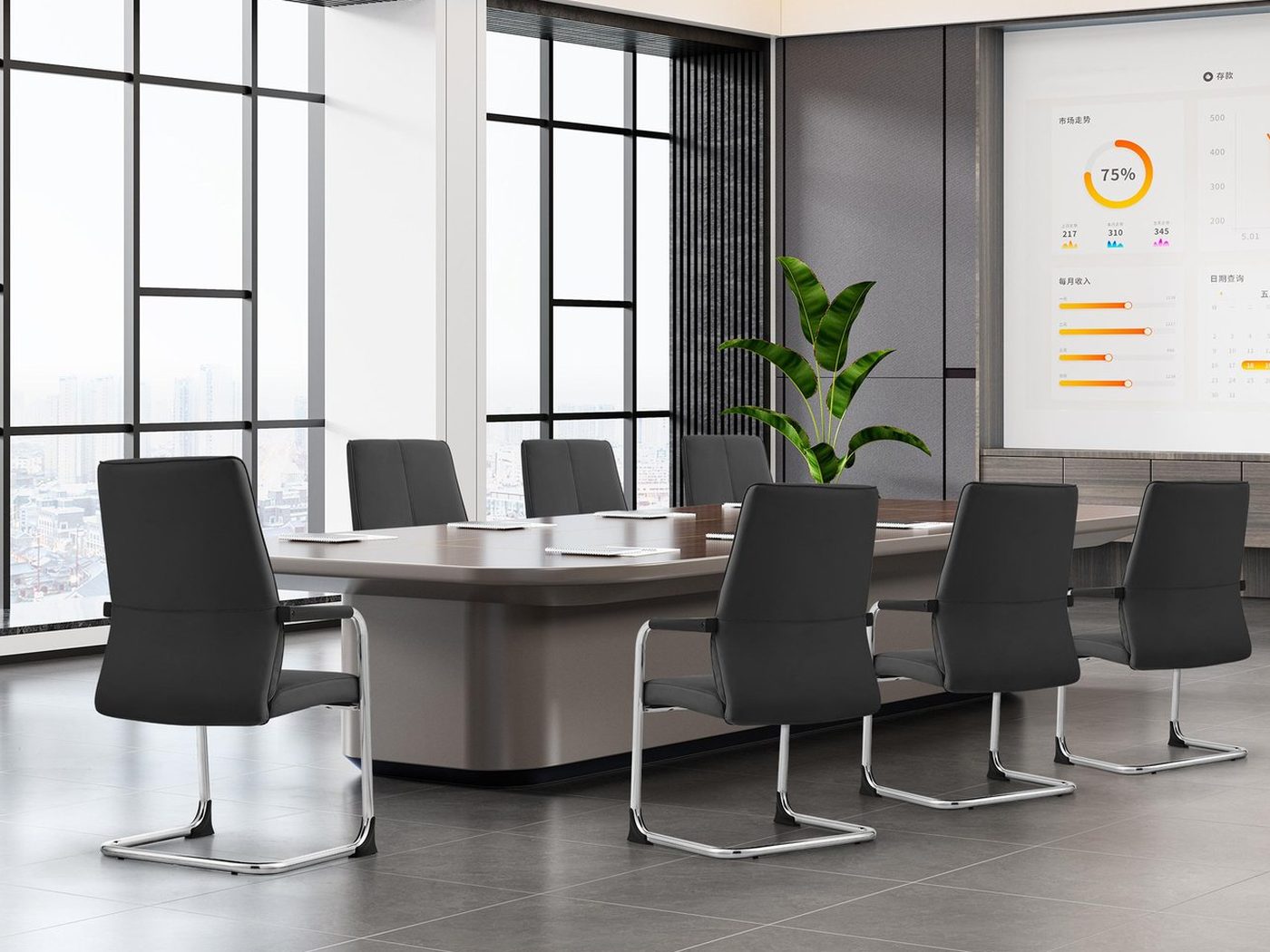 Boardroom table with seating and integrated power modules