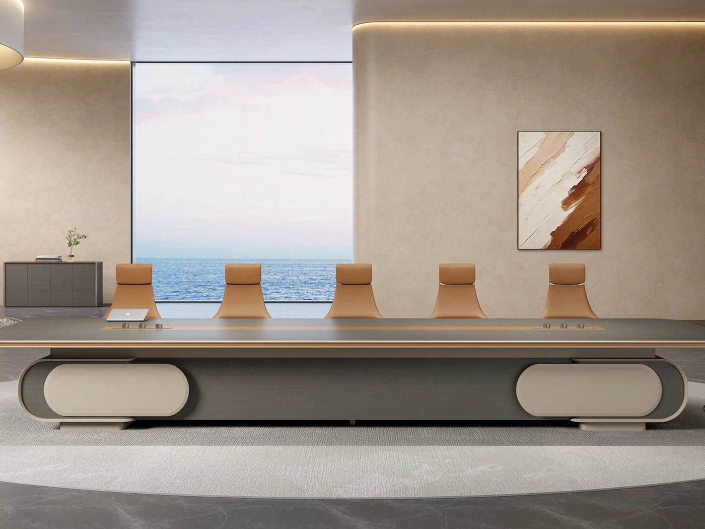 Boardroom table with seating and integrated power modules
