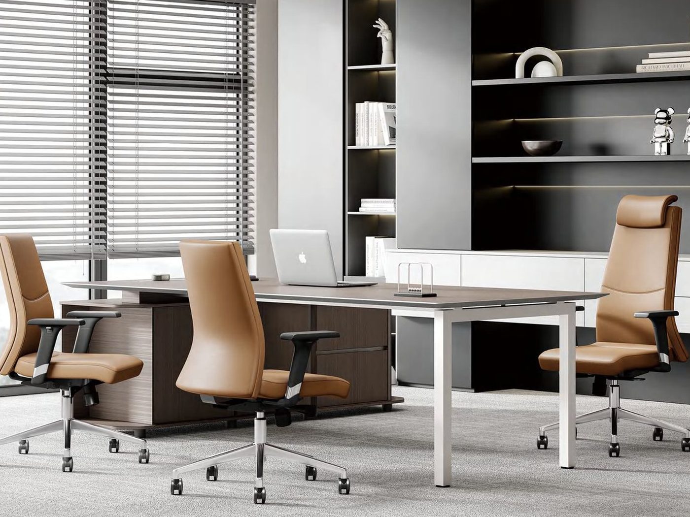 Open-plan office desking with task seating and storage