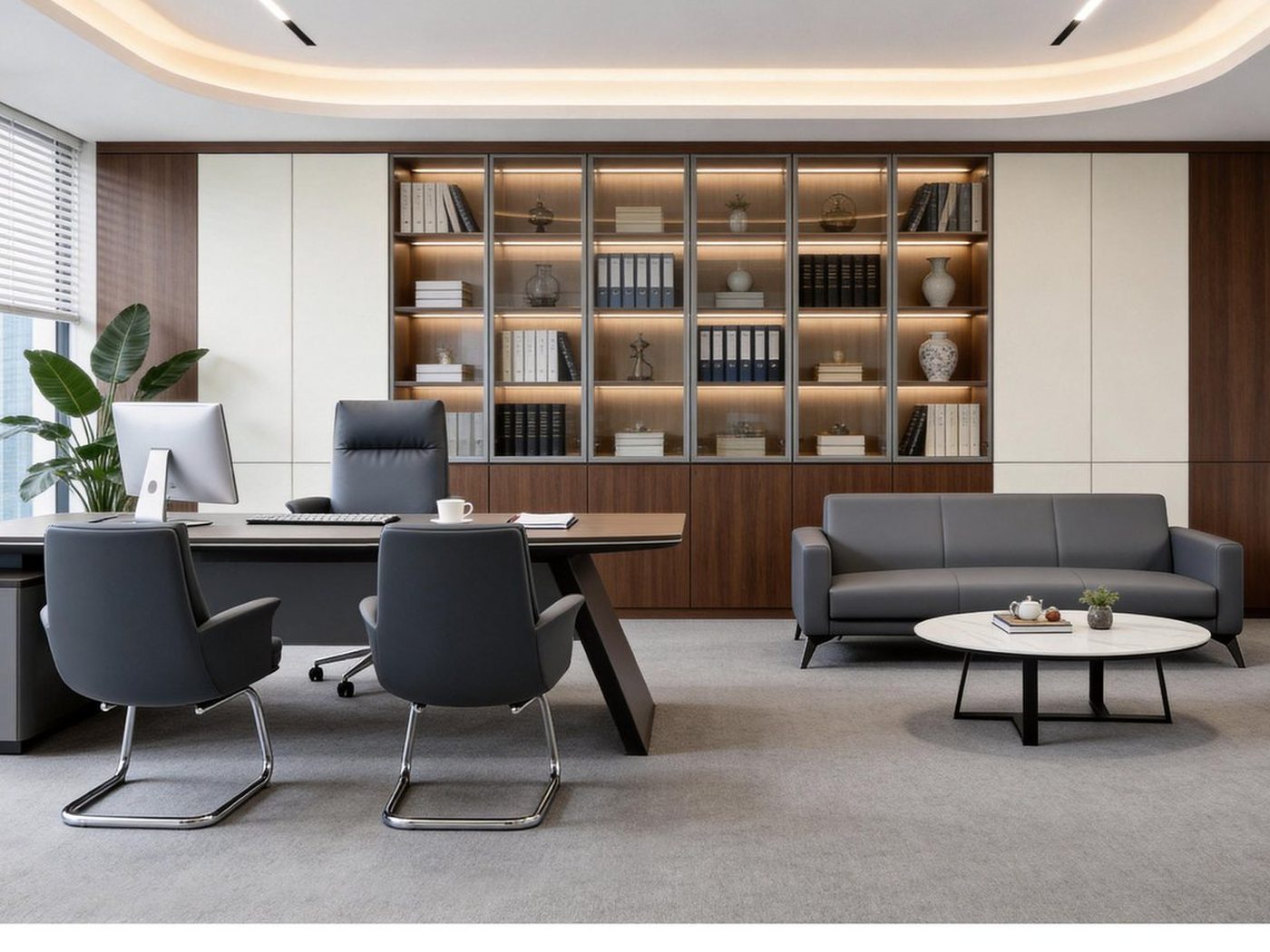 Open-plan office desking with task seating and storage