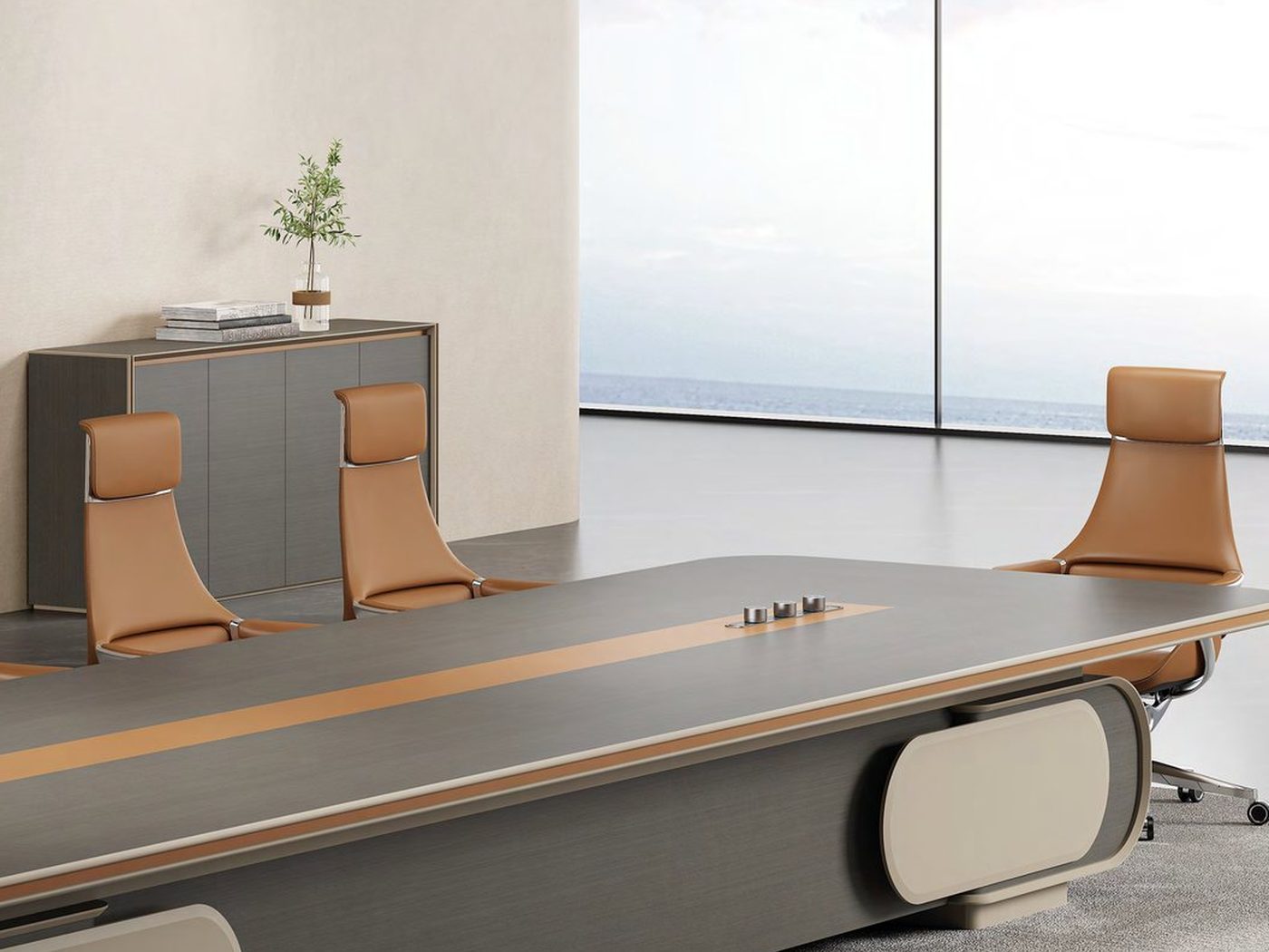 Open-plan office desking with task seating and storage