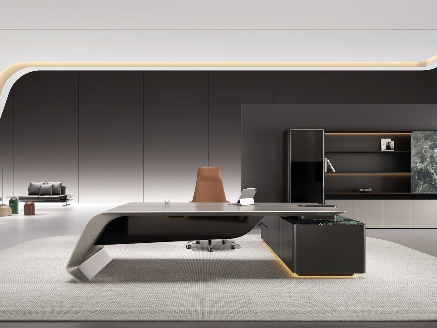 Executive office desk with integrated return and storage wall