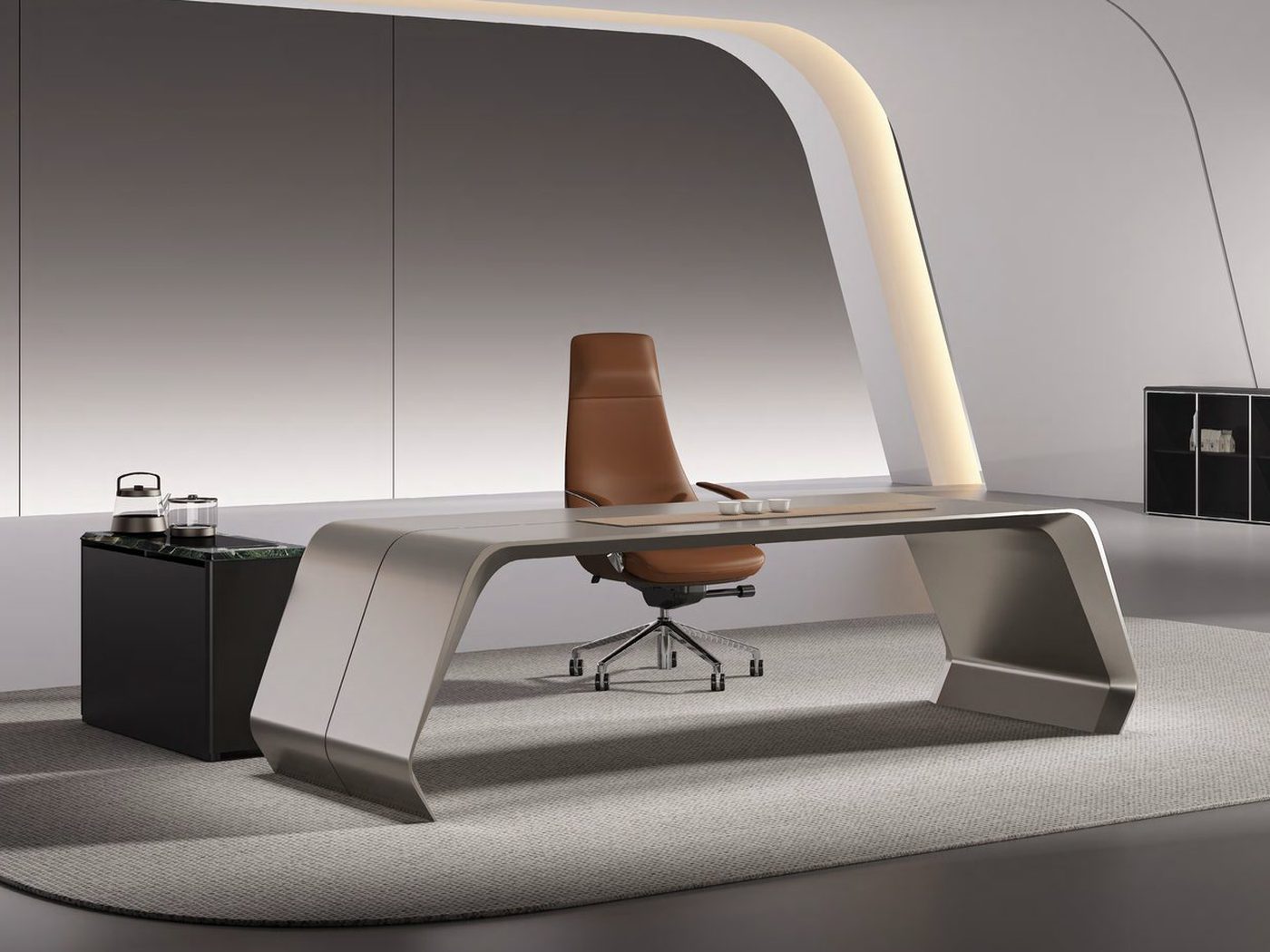 Executive office desk with integrated return and storage wall