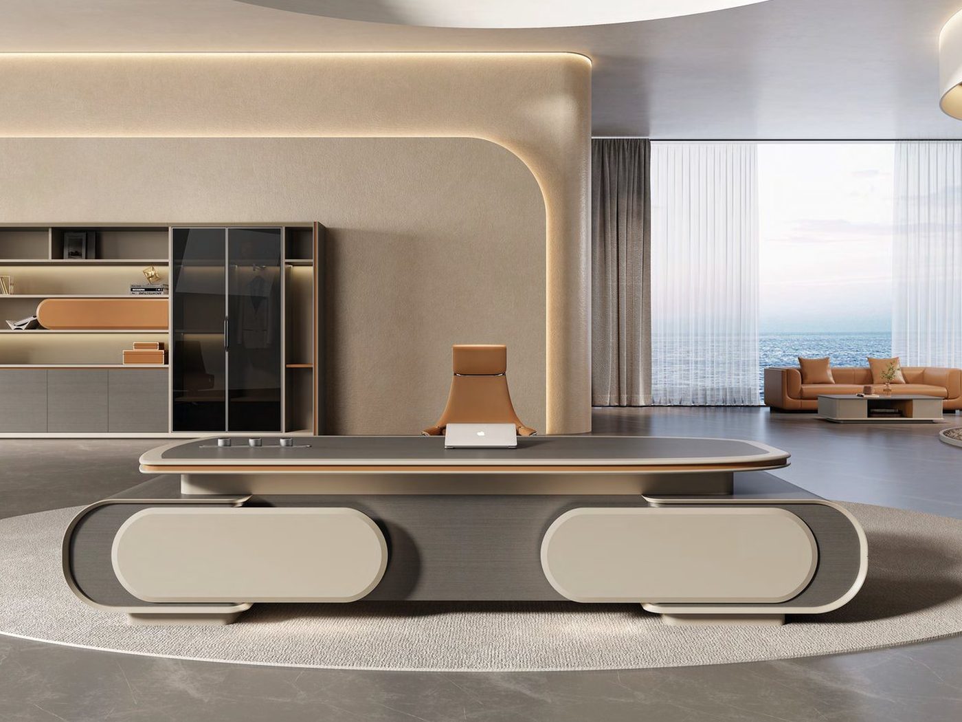Executive office desk with integrated return and storage wall