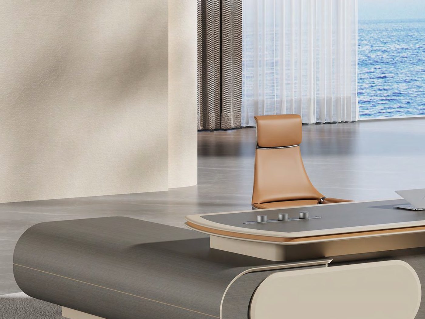 Executive office desk with integrated return and storage wall