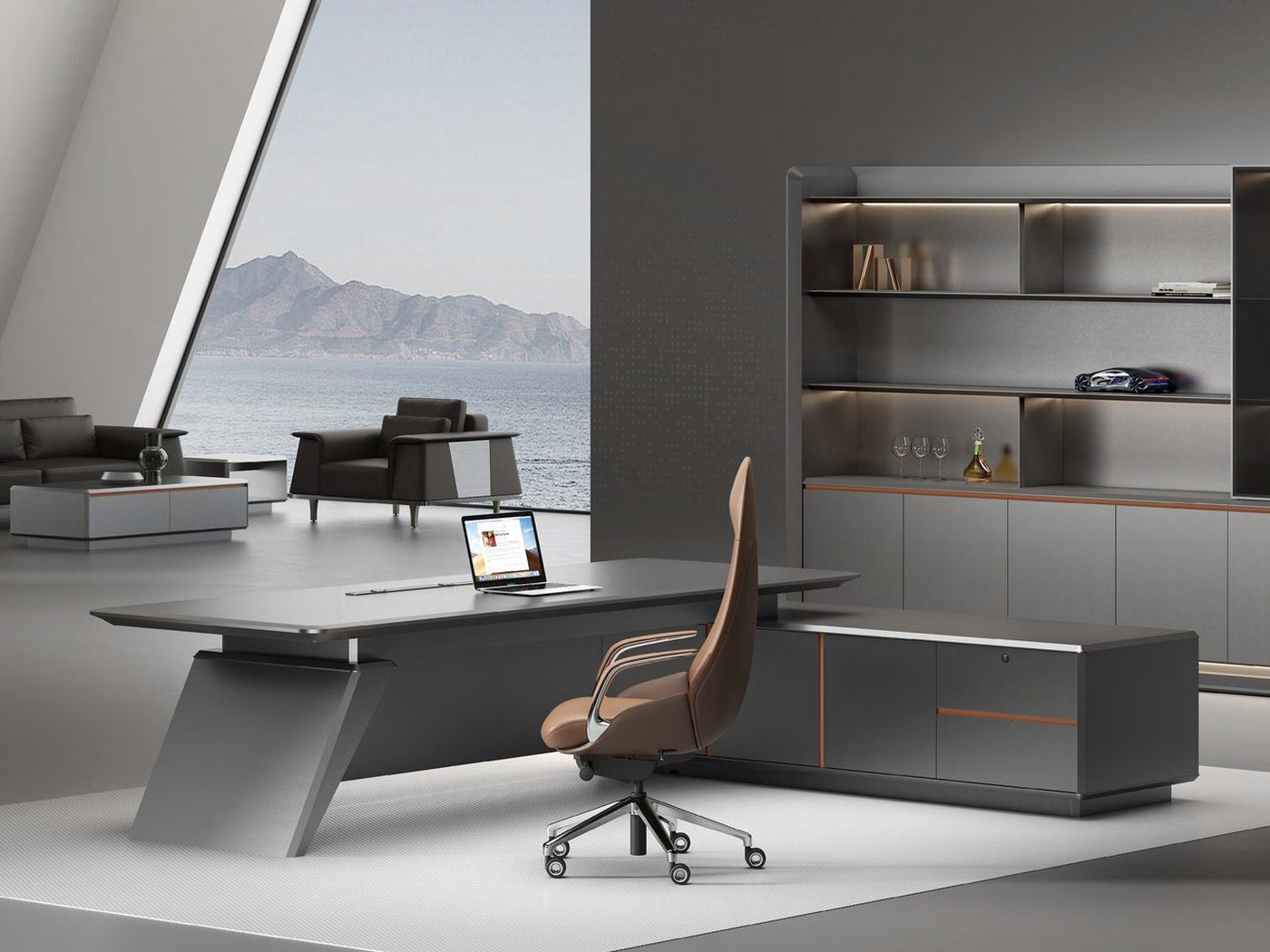 Executive office desk with integrated return and storage wall