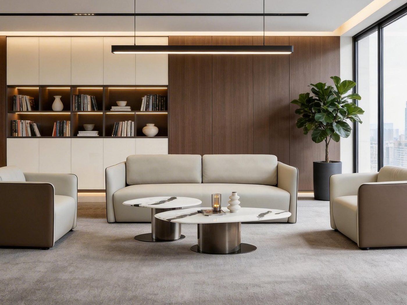Office lounge area with sofas and low tables
