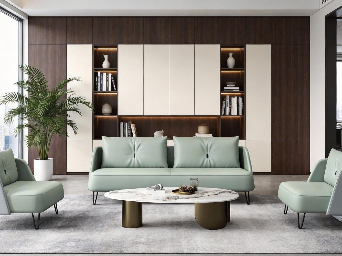 Office lounge area with sofas and low tables