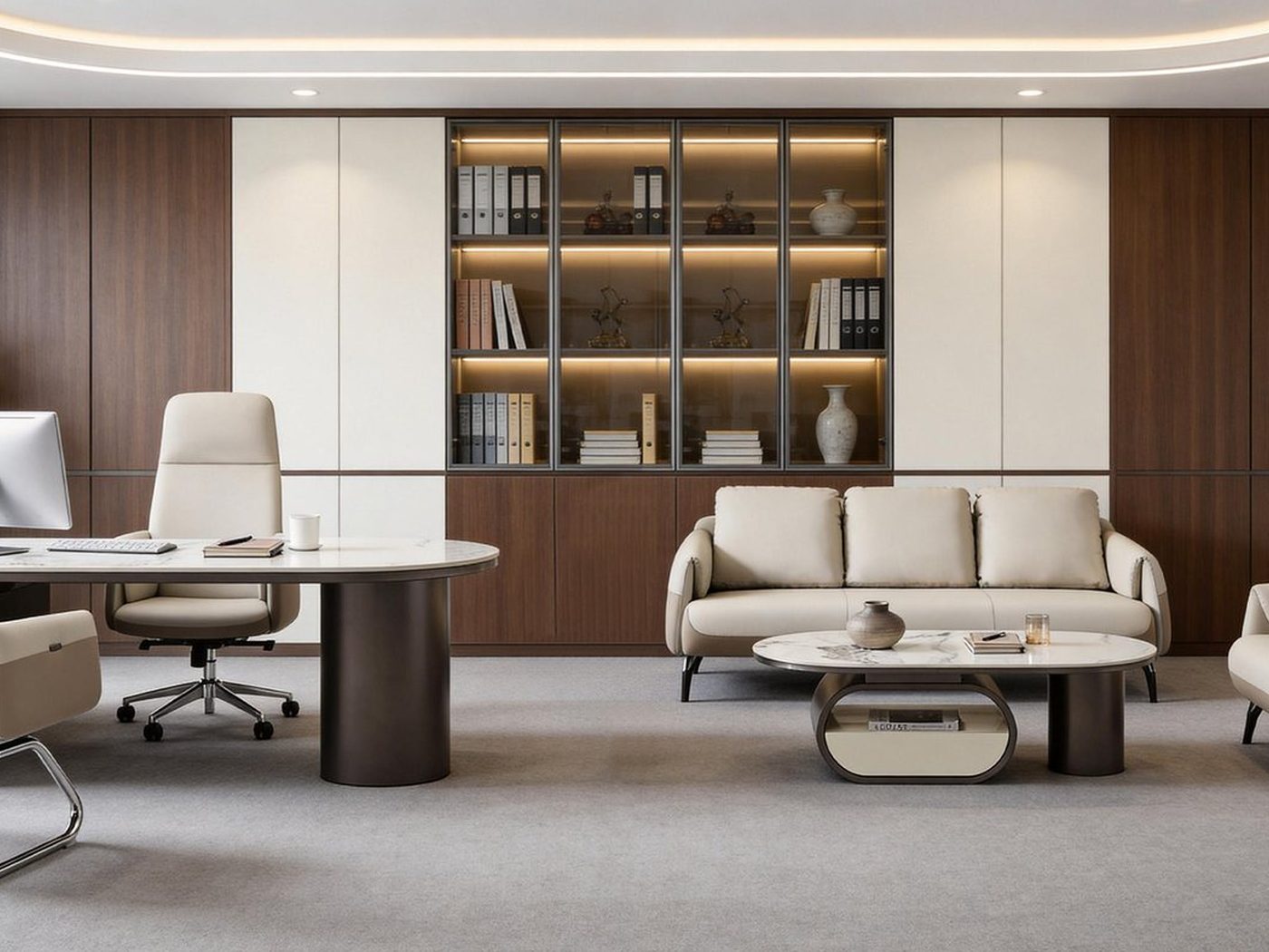 Office lounge area with sofas and low tables