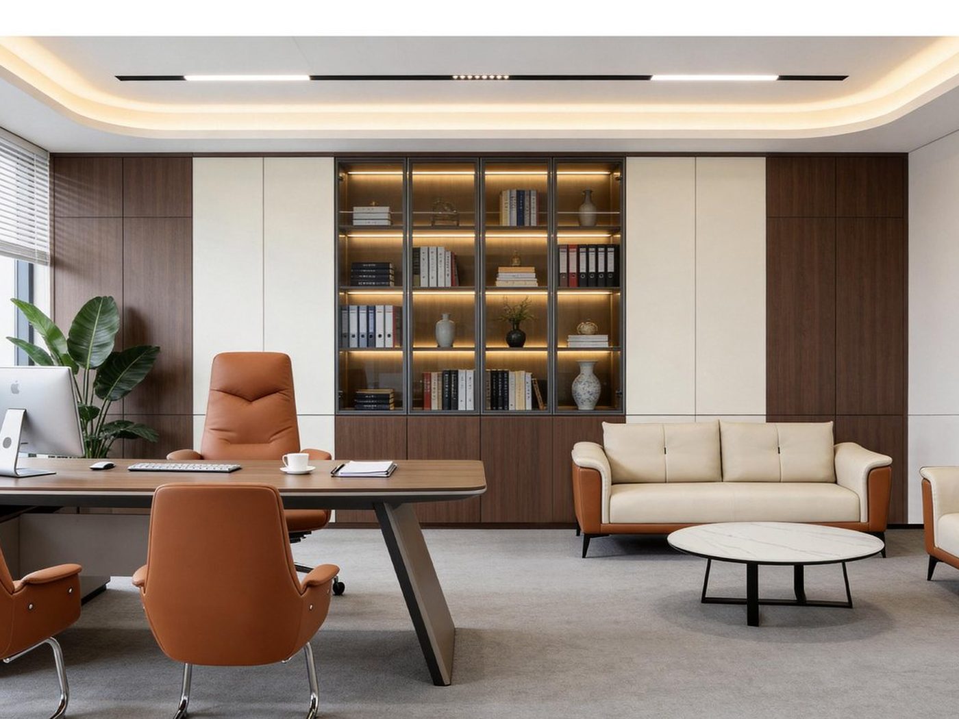 Office lounge area with sofas and low tables
