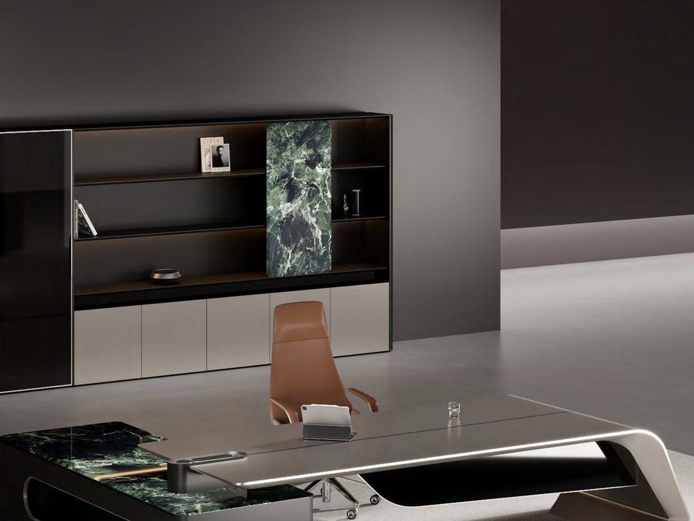 Office storage wall with open shelving and closed cabinetry