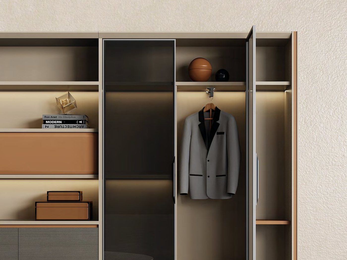 Office storage wall with open shelving and closed cabinetry