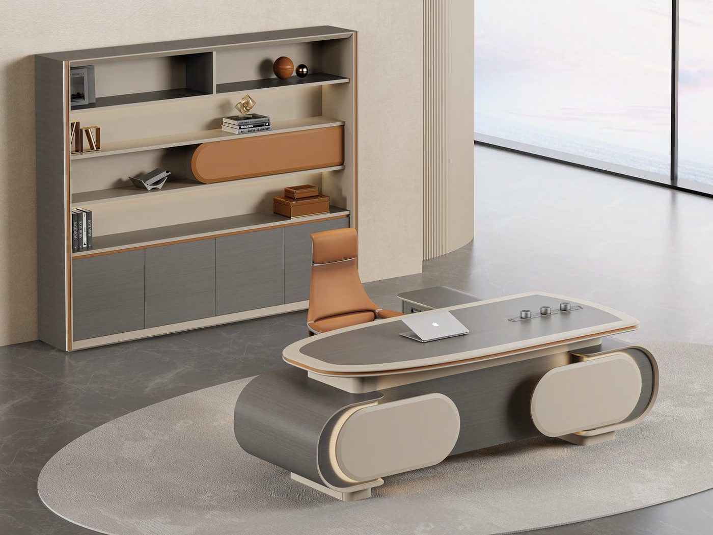 Office storage wall with open shelving and closed cabinetry