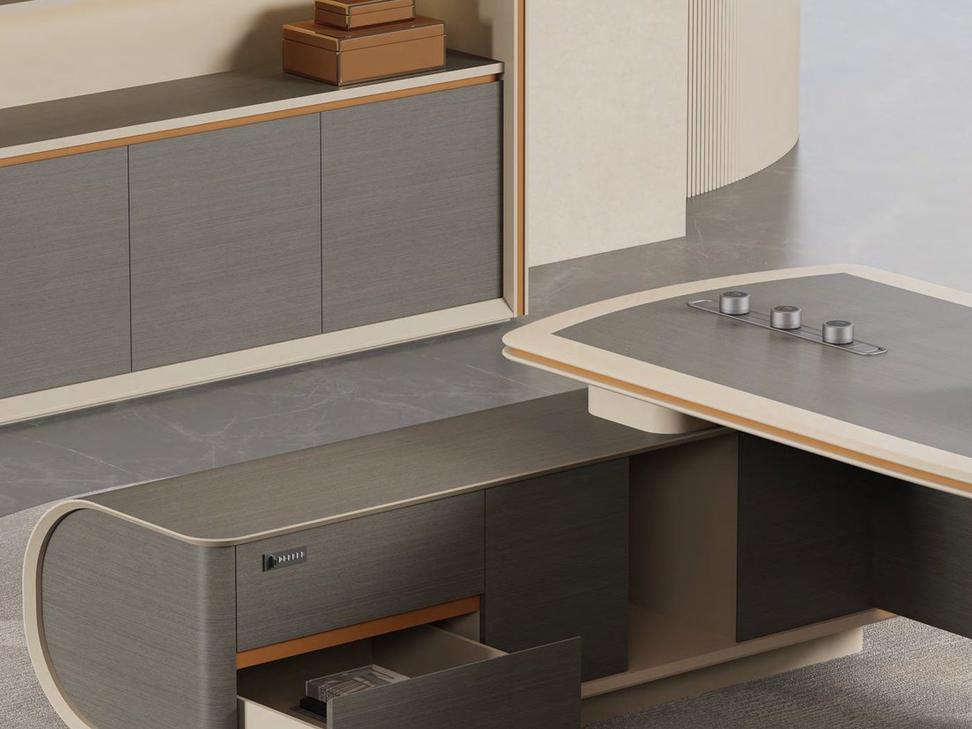 Office storage wall with open shelving and closed cabinetry