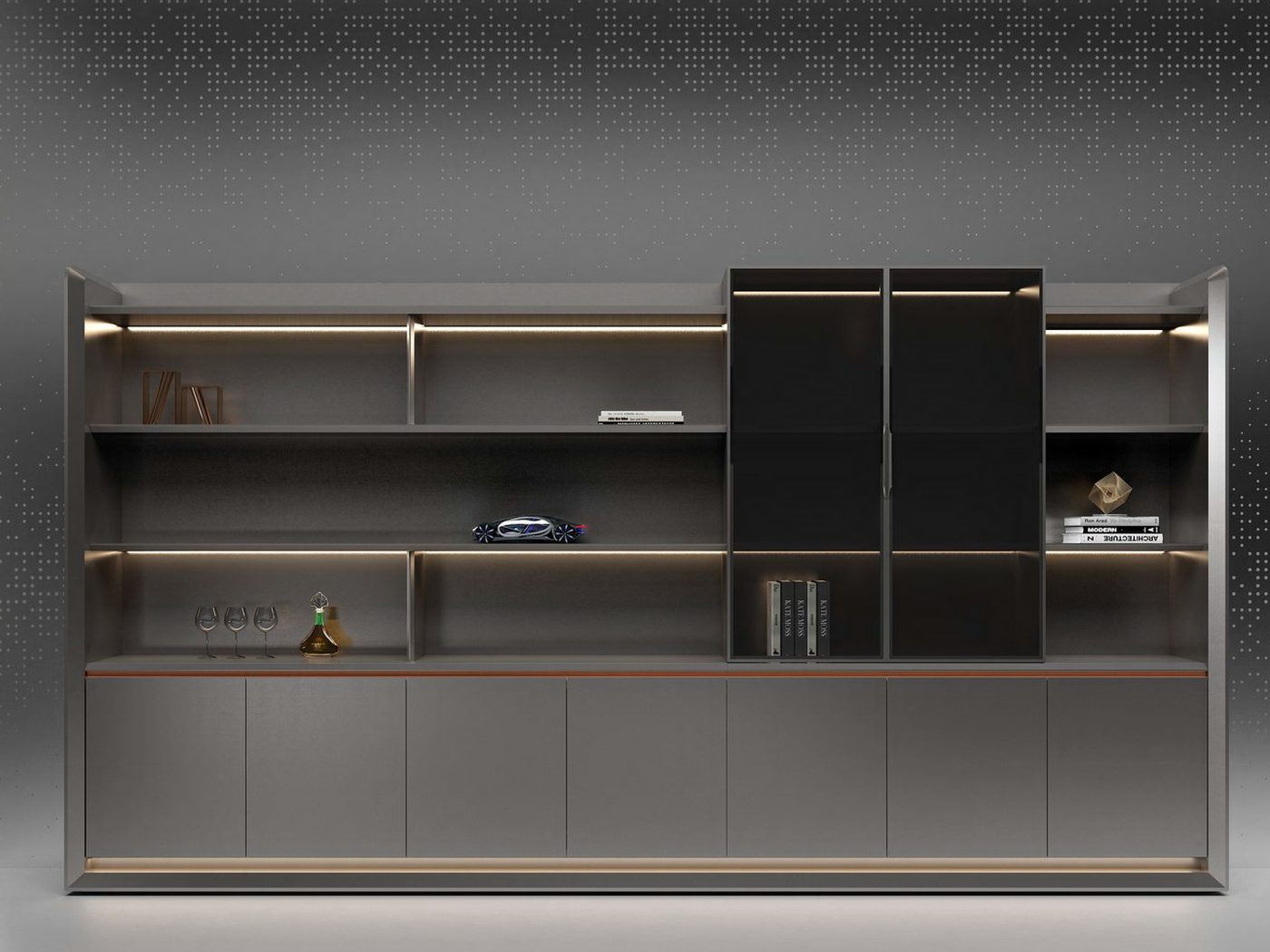 Office storage wall with open shelving and closed cabinetry