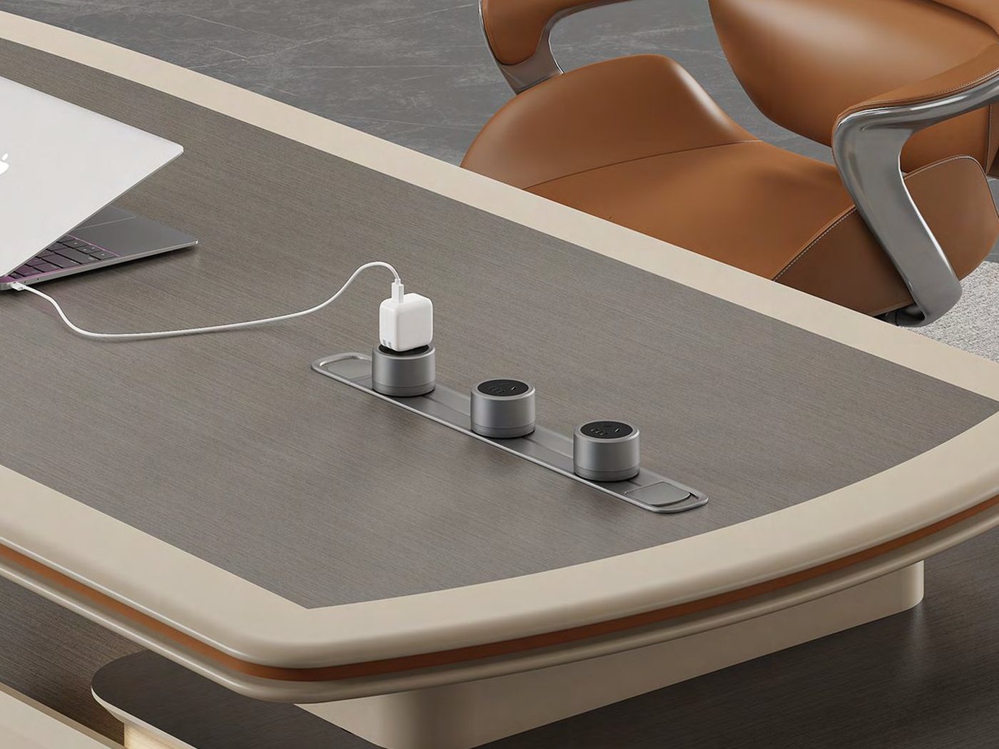 In-desk power and data module with cable routing