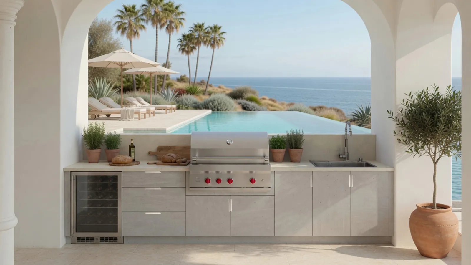 Outdoor kitchen shown in the selected finish, countertop and handle