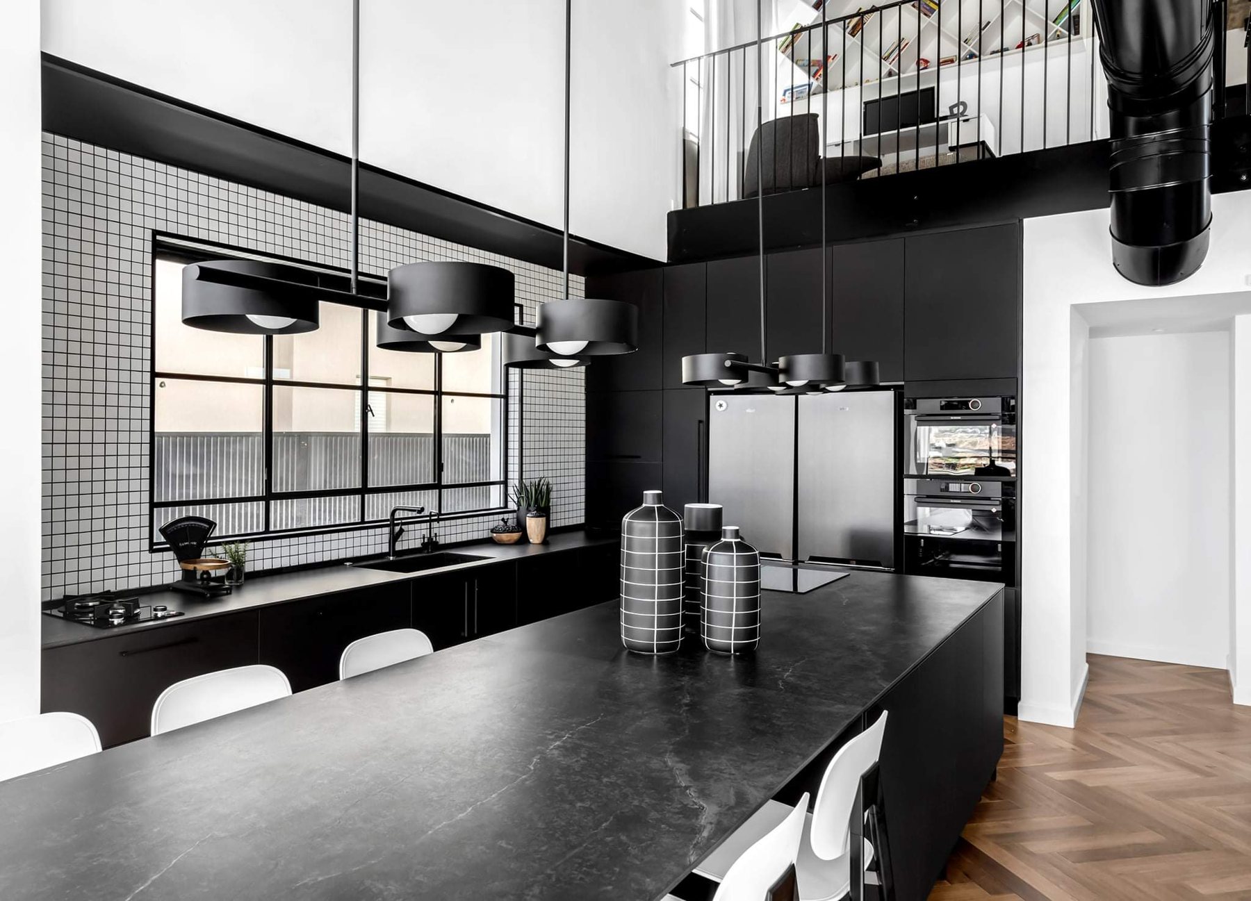 Black and Herringbone Duplex — custom kitchens, built-ins & wall units, wall paneling, bathroom vanities by iKitchen Cabinetry