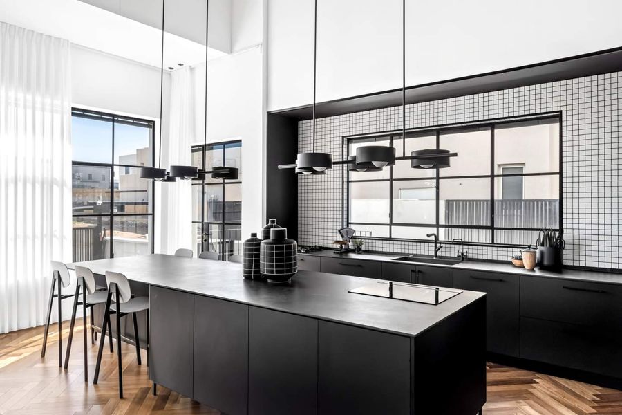 Black and Herringbone Duplex — custom kitchens, built-ins & wall units, wall paneling, bathroom vanities by iKitchen Cabinetry, view 3