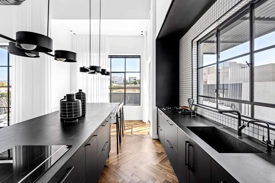 Black and Herringbone Duplex — custom kitchens, built-ins & wall units, wall paneling, bathroom vanities by iKitchen Cabinetry, view 5