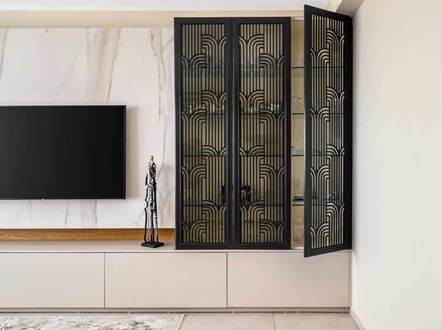 Cream and Antique Brass Apartment — built-ins & wall units, wall paneling by iKitchen Cabinetry, view 2