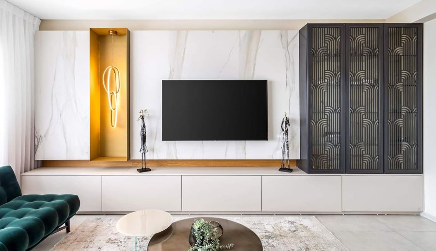 Cream and Antique Brass Apartment — built-ins & wall units, wall paneling by iKitchen Cabinetry, view 3