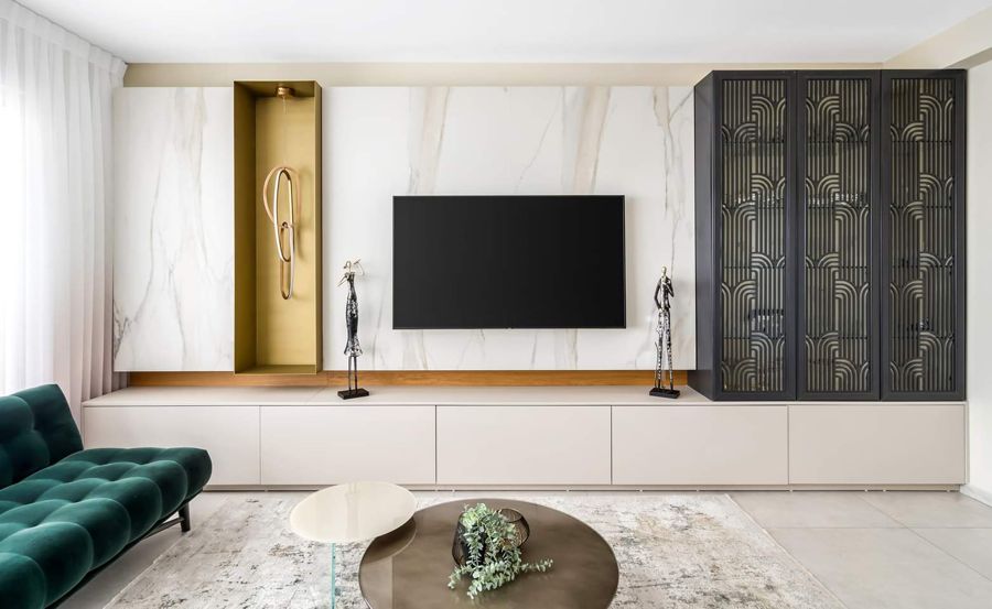 Cream and Antique Brass Apartment — built-ins & wall units, wall paneling by iKitchen Cabinetry, view 4
