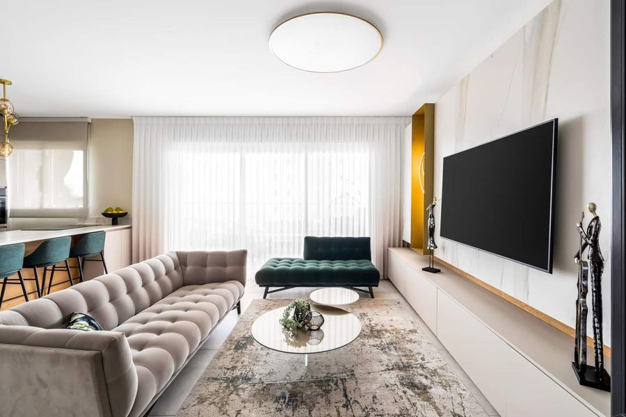 Cream and Antique Brass Apartment — built-ins & wall units, wall paneling by iKitchen Cabinetry, view 5
