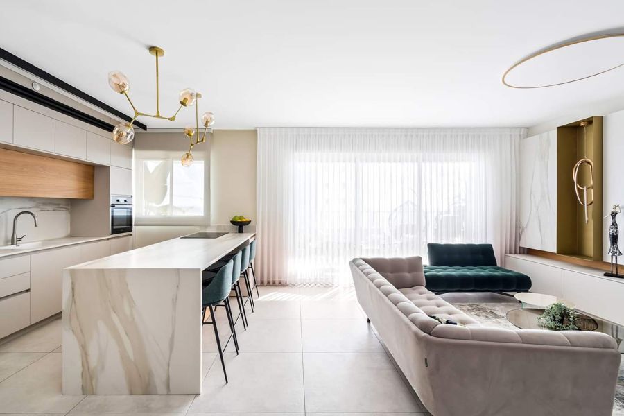Cream and Antique Brass Apartment — built-ins & wall units, wall paneling by iKitchen Cabinetry, view 6