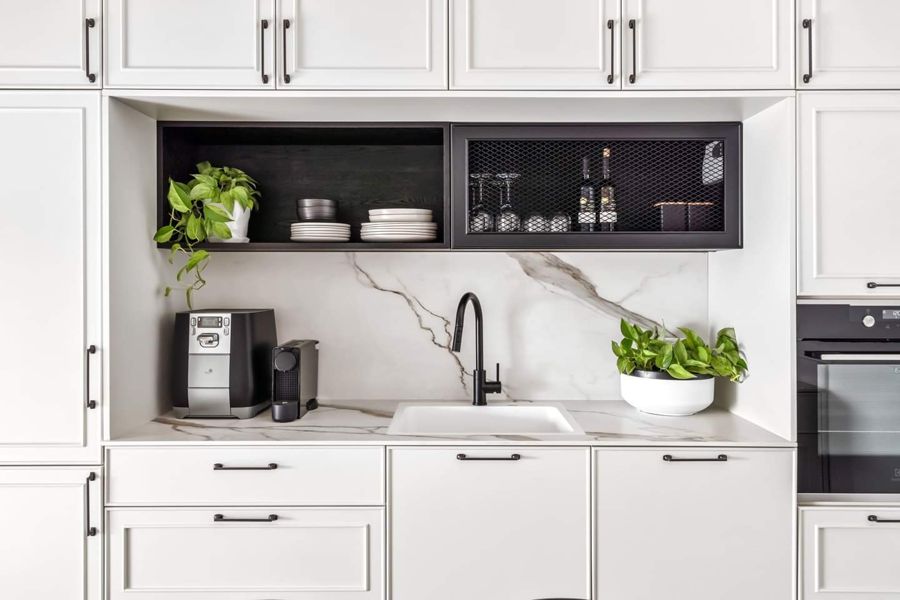 Fretwork and Blush Duplex — custom kitchens, built-ins & wall units, wall paneling, bathroom vanities by iKitchen Cabinetry