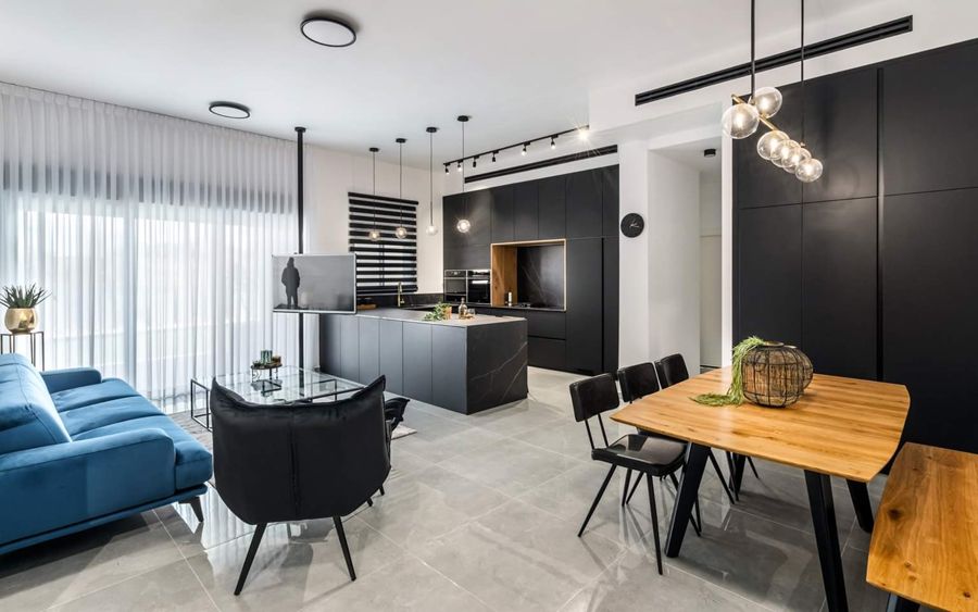 Petrol Blue and Brass Apartment — built-ins & wall units, bathroom vanities by iKitchen Cabinetry