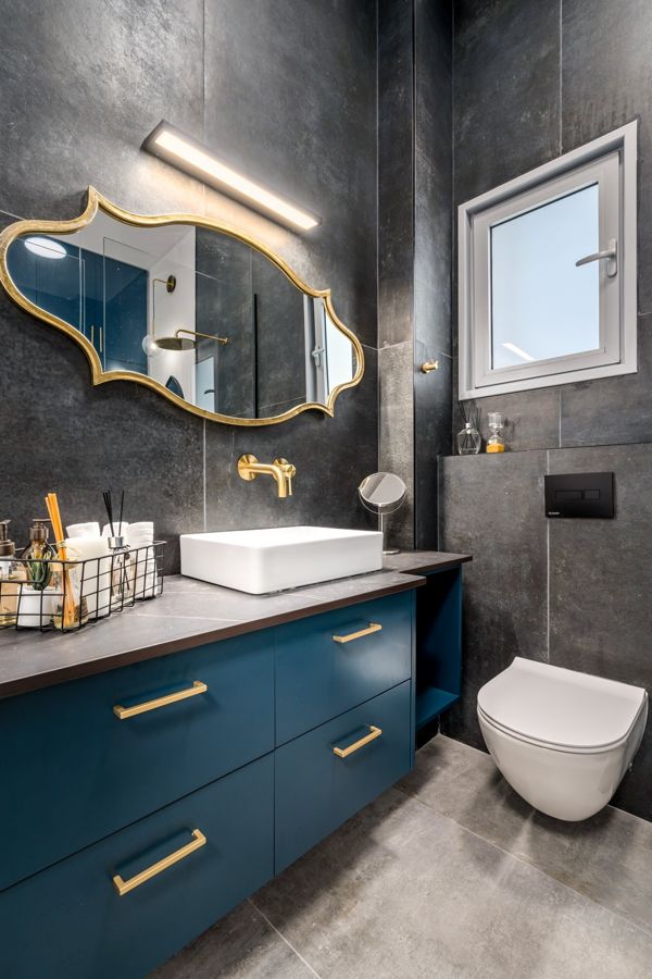 Petrol Blue and Brass Apartment — built-ins & wall units, bathroom vanities by iKitchen Cabinetry, view 7