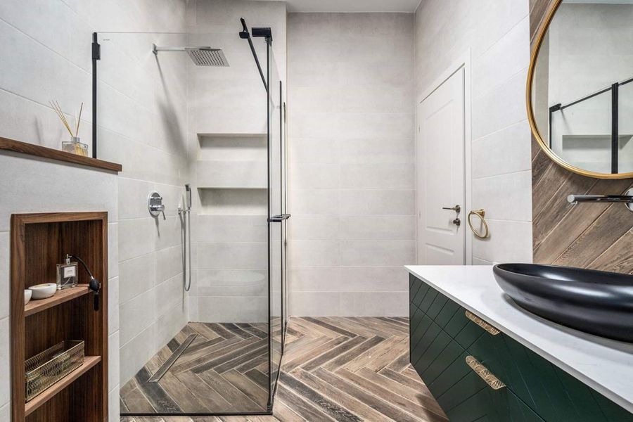 Teal and Brass Apartment — built-ins & wall units, bathroom vanities by iKitchen Cabinetry, view 9