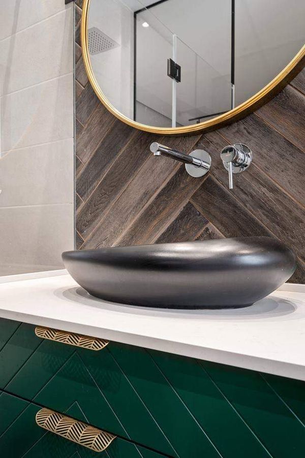 Teal and Brass Apartment — built-ins & wall units, bathroom vanities by iKitchen Cabinetry, view 11