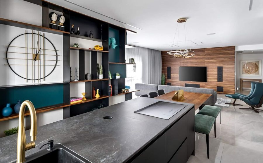 Walnut and Teal Apartment — custom kitchens, built-ins & wall units, wall paneling by iKitchen Cabinetry