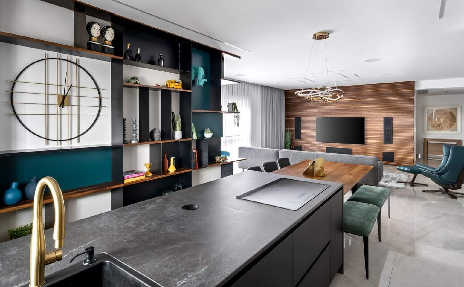 Walnut and Teal Apartment — custom kitchens, built-ins & wall units, wall paneling by iKitchen Cabinetry