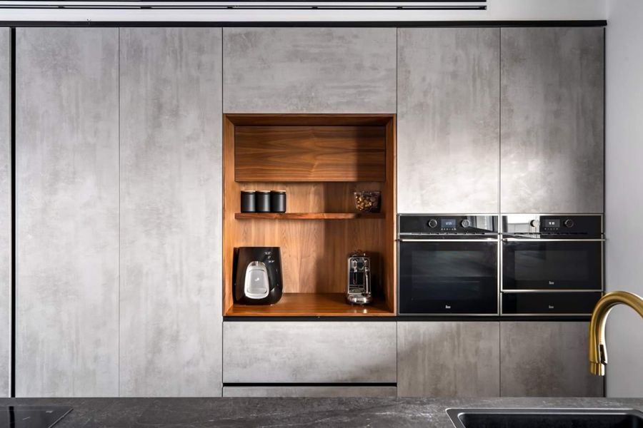 Walnut and Teal Apartment — custom kitchens, built-ins & wall units, wall paneling by iKitchen Cabinetry, view 2