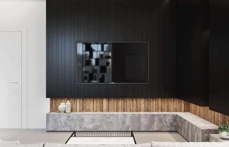 Slatted dark wall over a concrete bench — custom media wall by iKitchen Cabinetry
